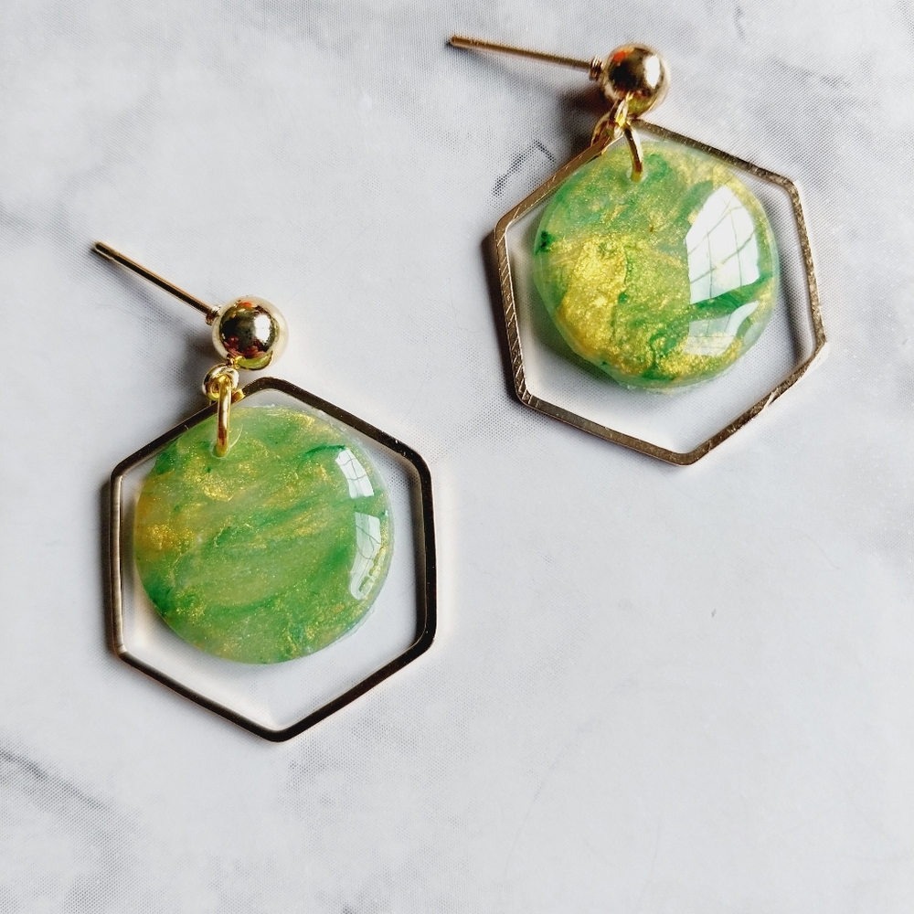 OpalGlaze Clay Emerald Green Hexagonal Earrings - Picture 3 of 3